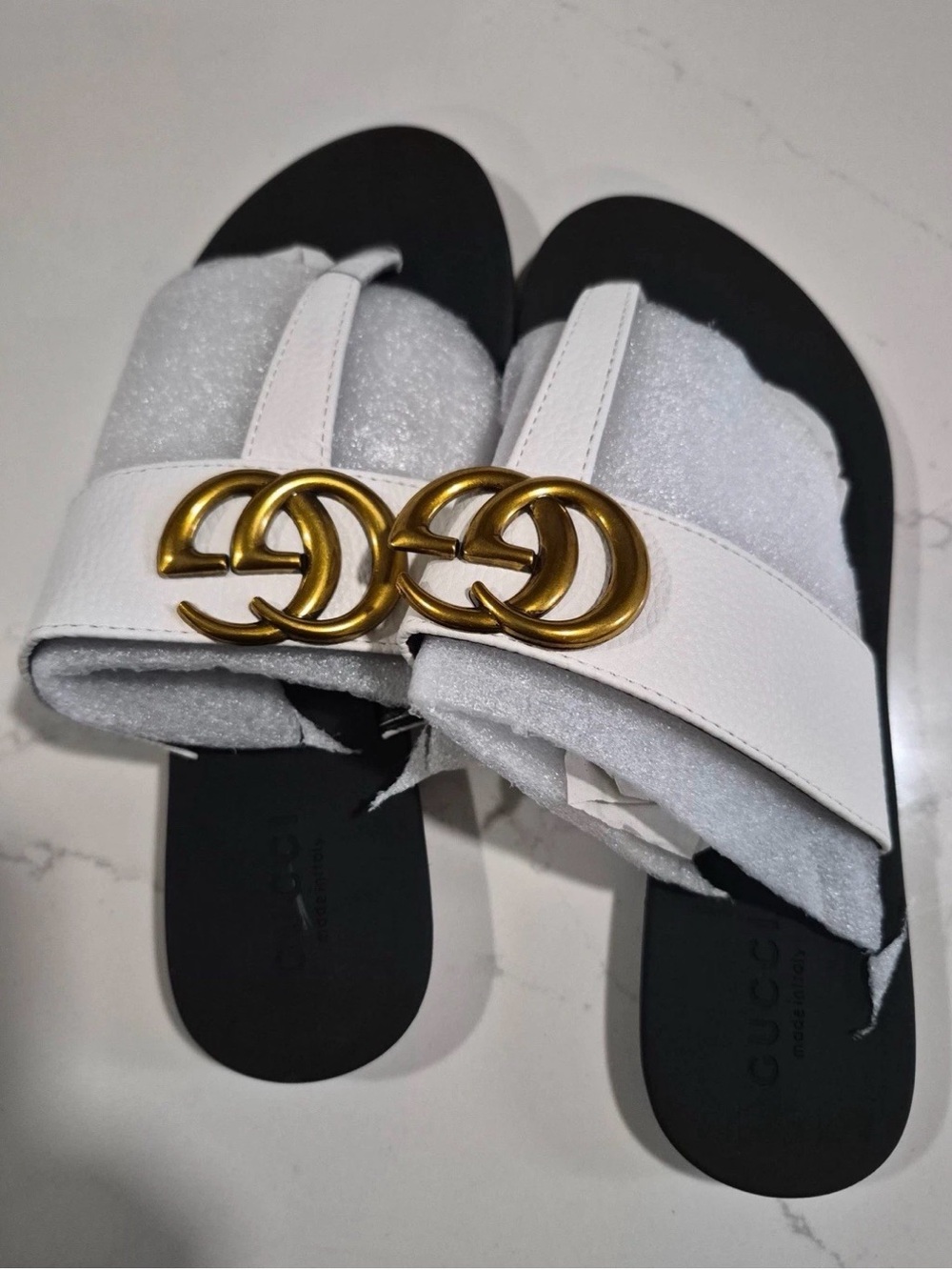 Gucci White Leather Slide Sandals with Gold Double G